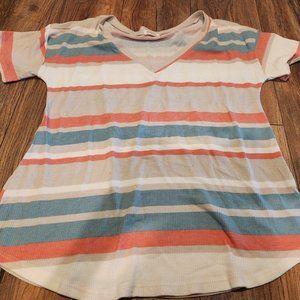 White Blue Coral & Beige Stripe V-Neck Short Sleeve Tee